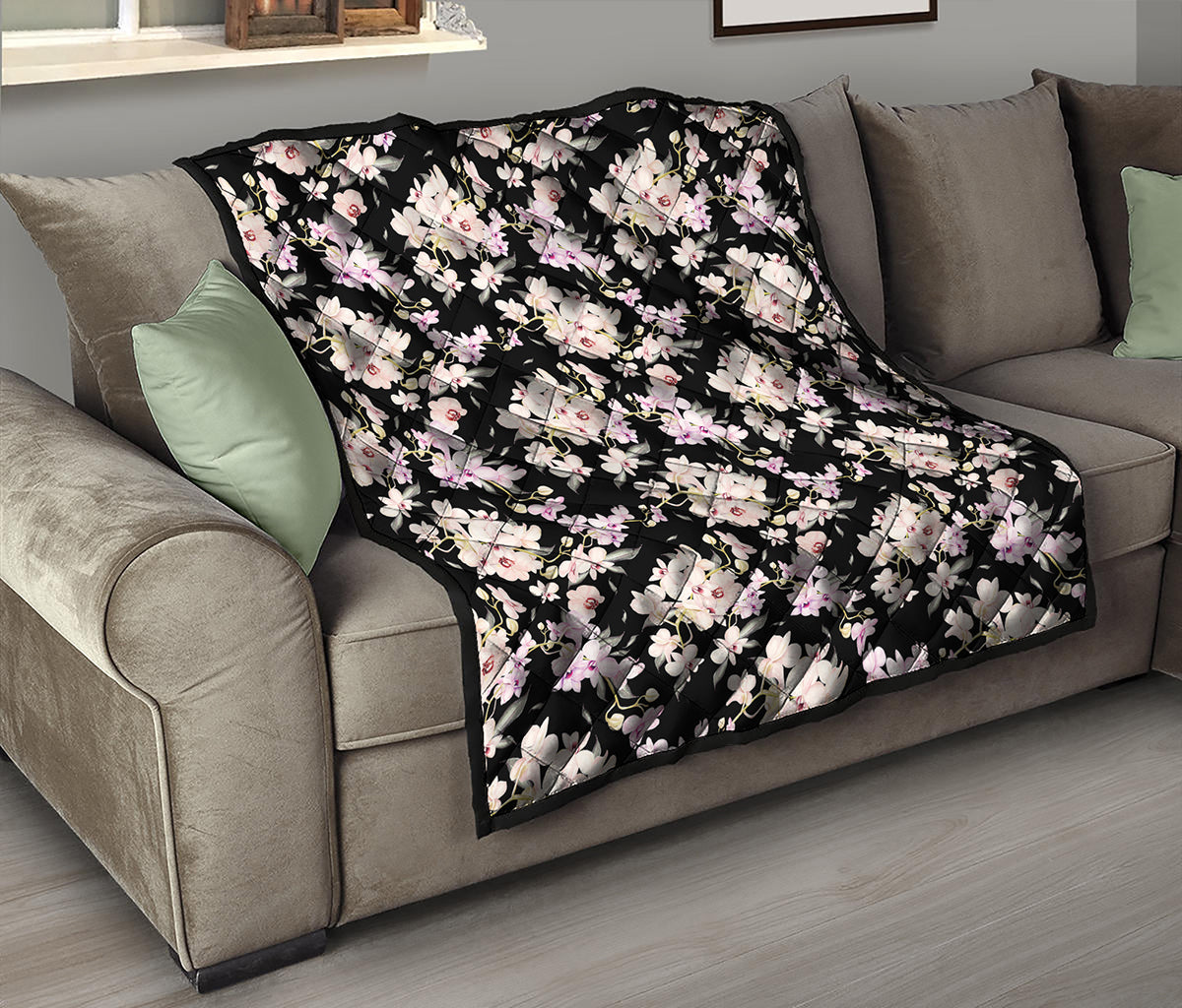 Watercolor Orchid Flower Pattern Print Quilt