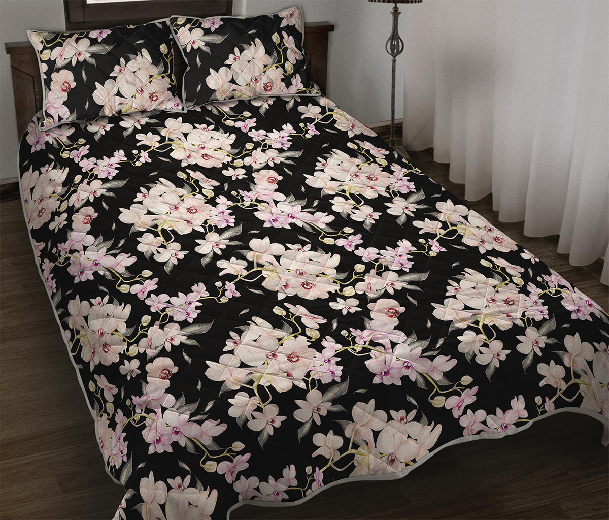 Watercolor Orchid Flower Pattern Print Quilt Bed Set