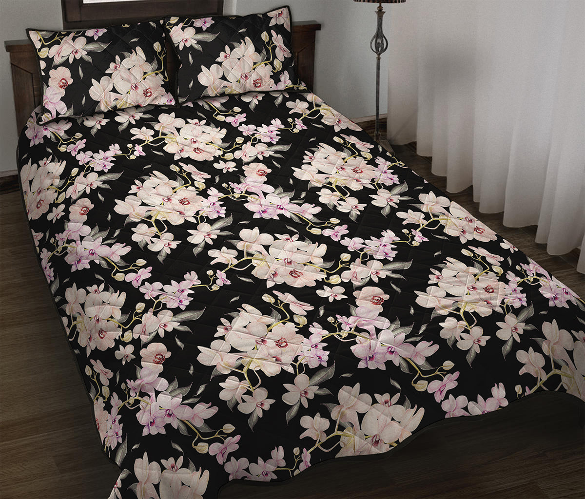 Watercolor Orchid Flower Pattern Print Quilt Bed Set