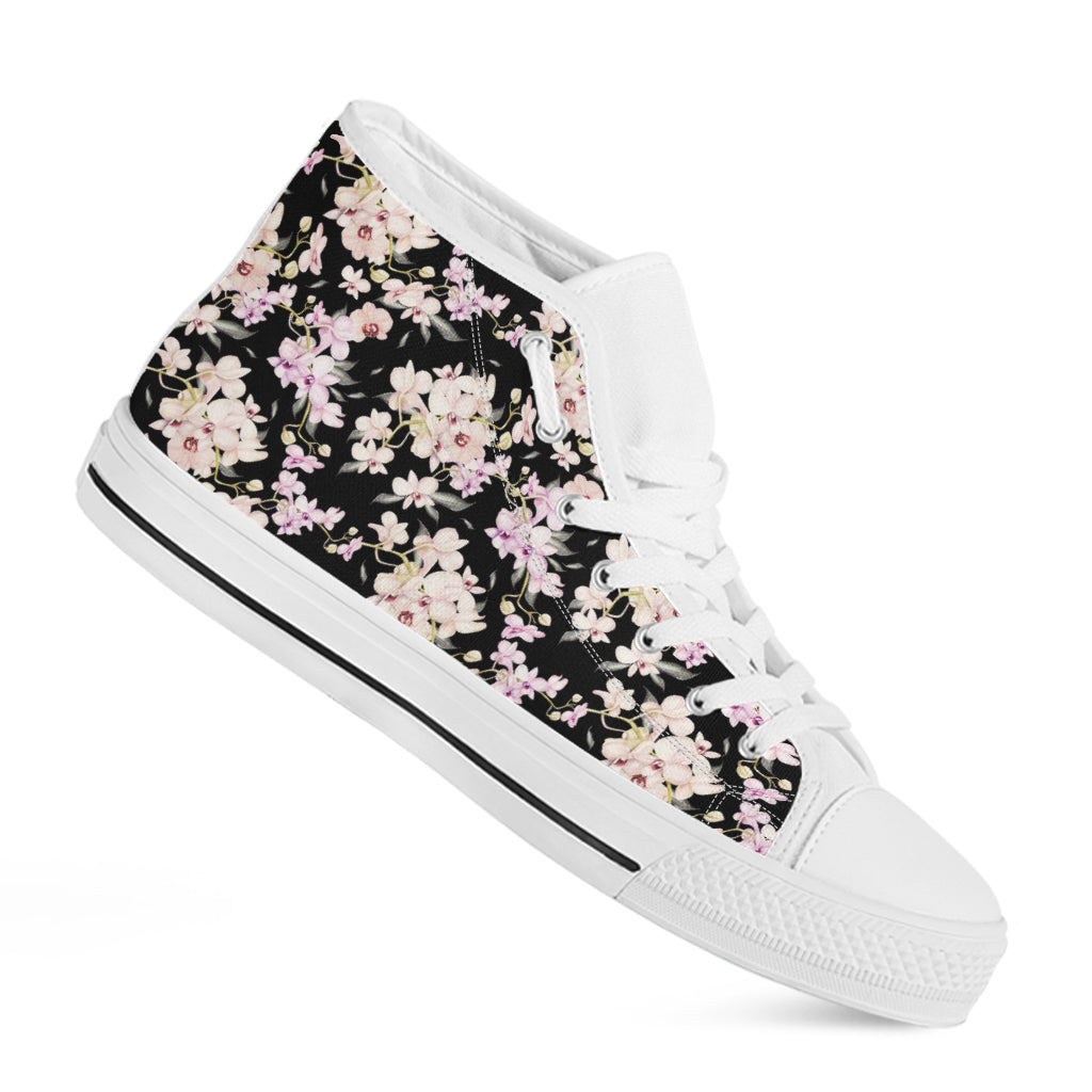 Watercolor Orchid Flower Pattern Print White High Top Shoes
