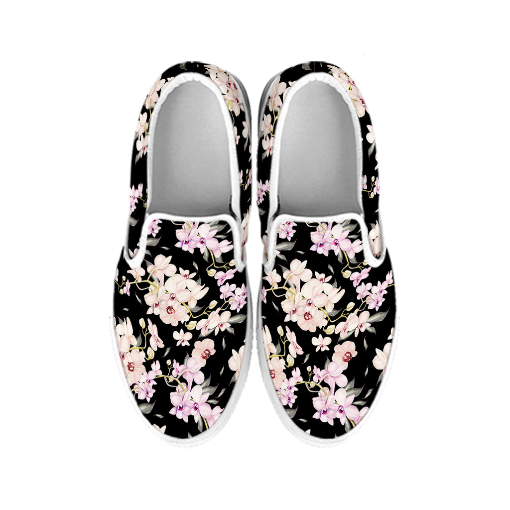 Watercolor Orchid Flower Pattern Print White Slip On Shoes