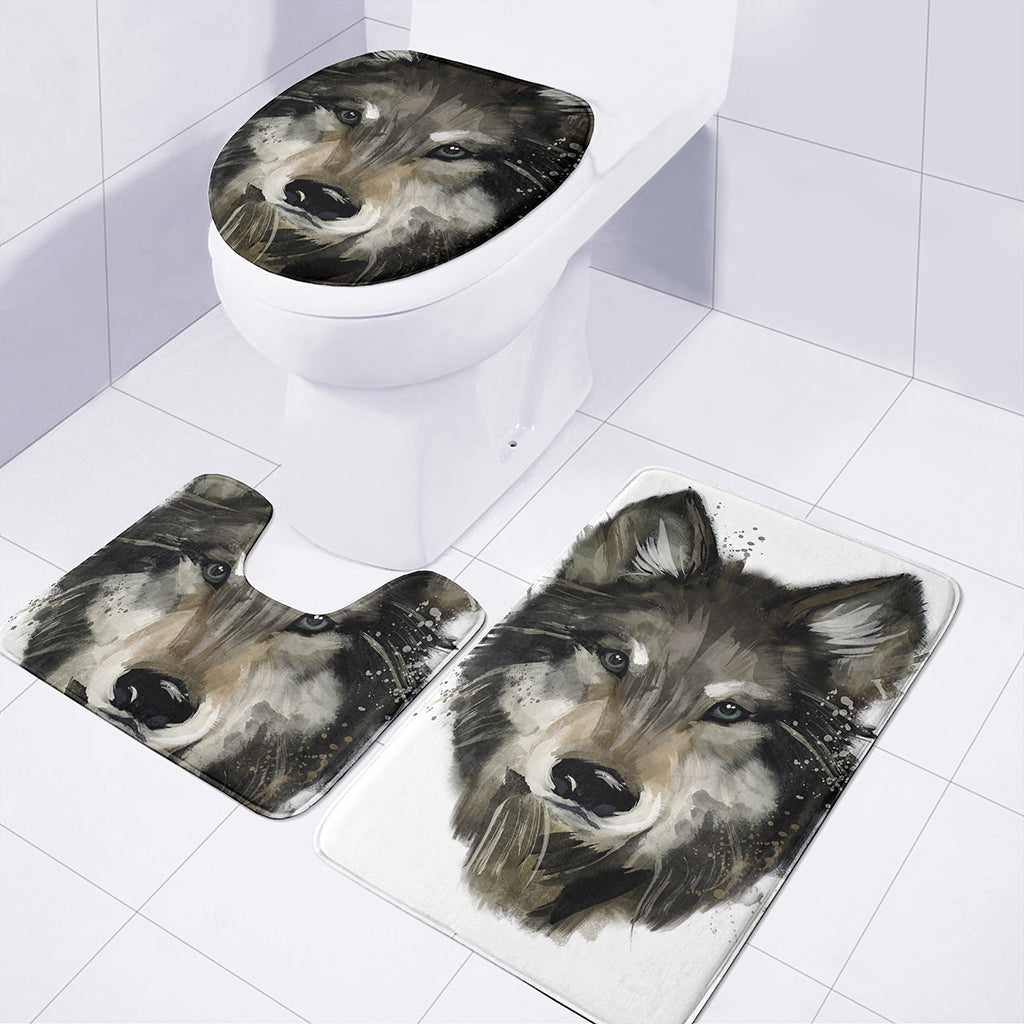 Watercolor Painting Wolf Print 3 Piece Bath Mat Set