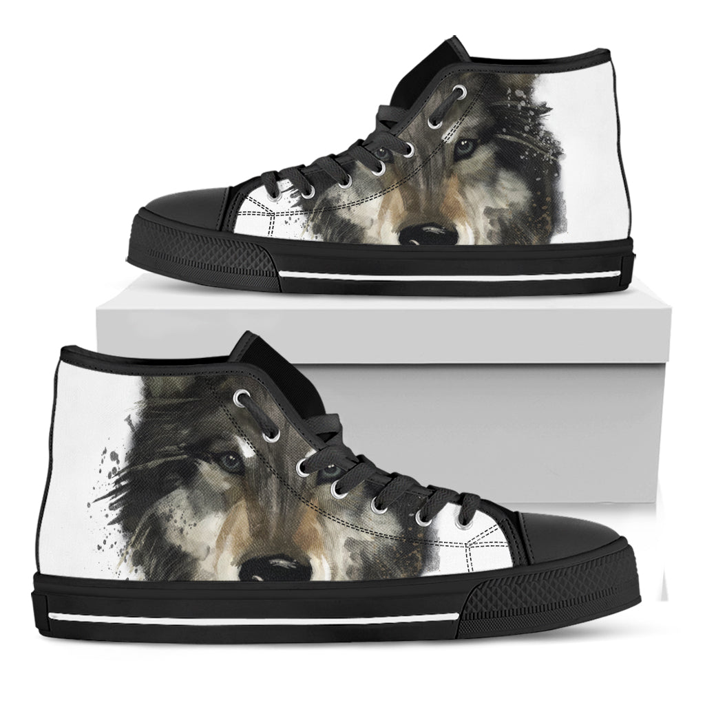 Watercolor Painting Wolf Print Black High Top Shoes