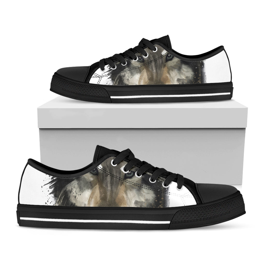 Watercolor Painting Wolf Print Black Low Top Shoes 