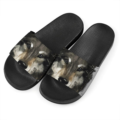 Watercolor Painting Wolf Print Black Slide Sandals