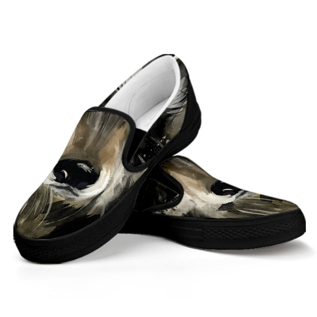 Watercolor Painting Wolf Print Black Slip On Shoes