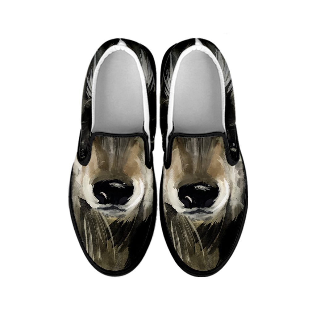 Watercolor Painting Wolf Print Black Slip On Shoes