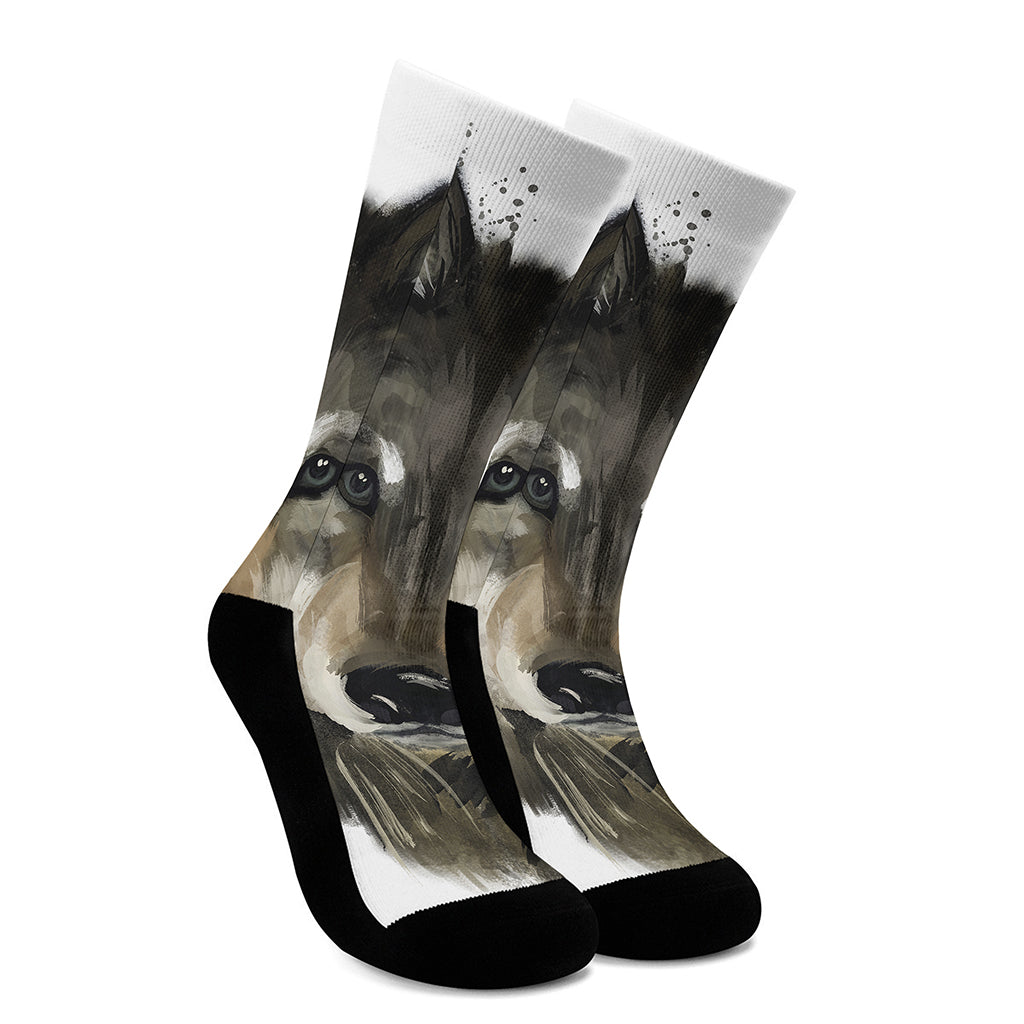 Watercolor Painting Wolf Print Crew Socks