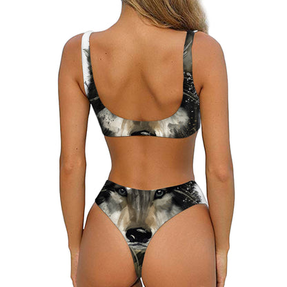 Watercolor Painting Wolf Print Front Bow Tie Bikini