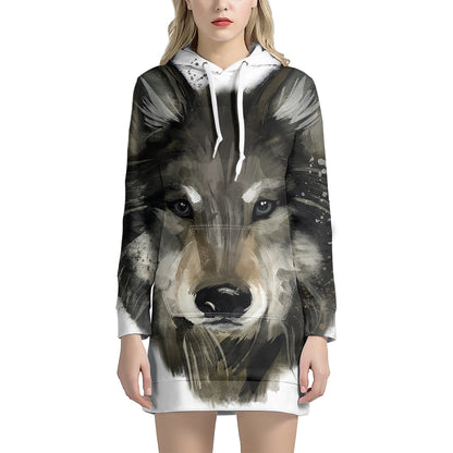 Watercolor Painting Wolf Print Pullover Hoodie Dress