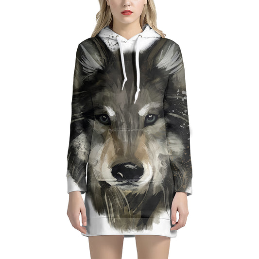 Watercolor Painting Wolf Print Pullover Hoodie Dress