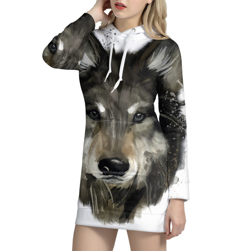Watercolor Painting Wolf Print Pullover Hoodie Dress