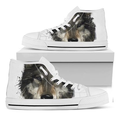 Watercolor Painting Wolf Print White High Top Shoes