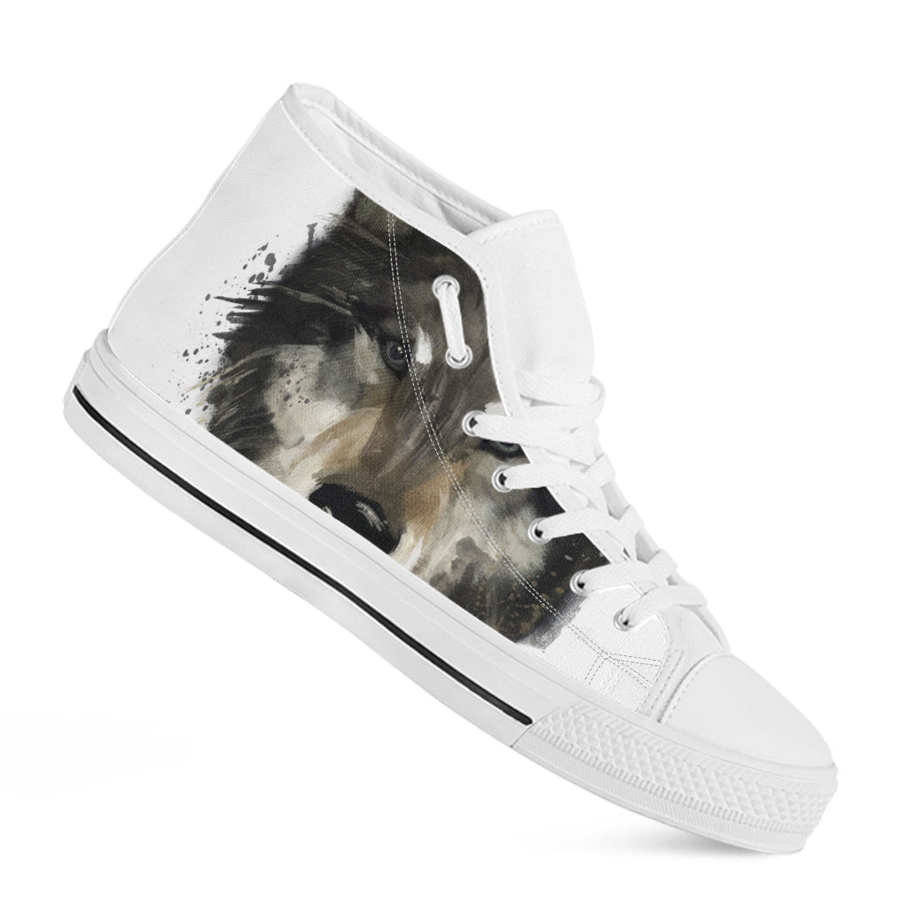 Watercolor Painting Wolf Print White High Top Shoes