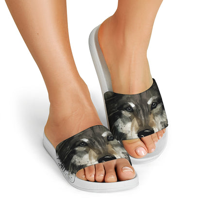 Watercolor Painting Wolf Print White Slide Sandals