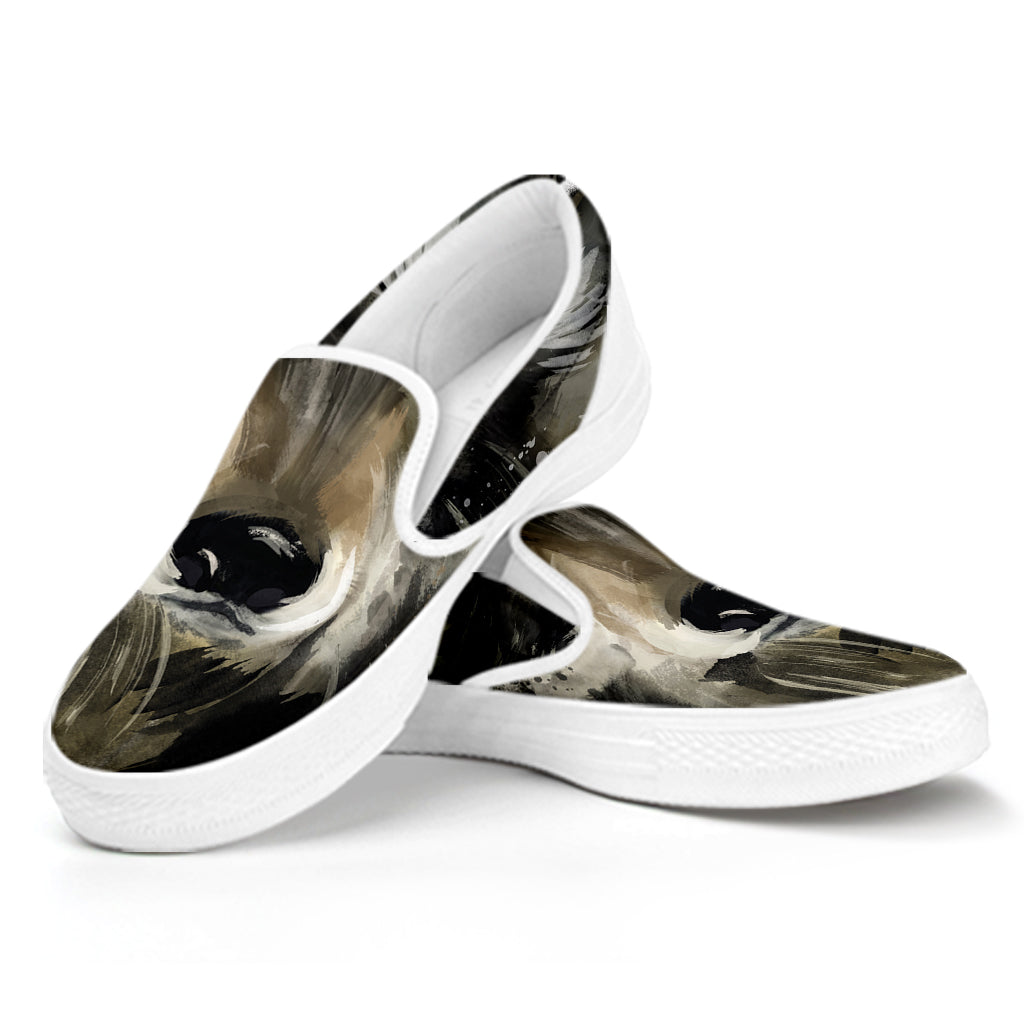 Watercolor Painting Wolf Print White Slip On Shoes