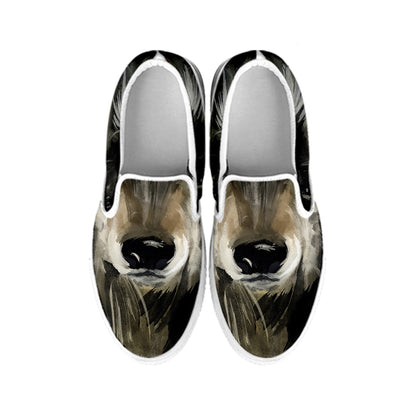 Watercolor Painting Wolf Print White Slip On Shoes