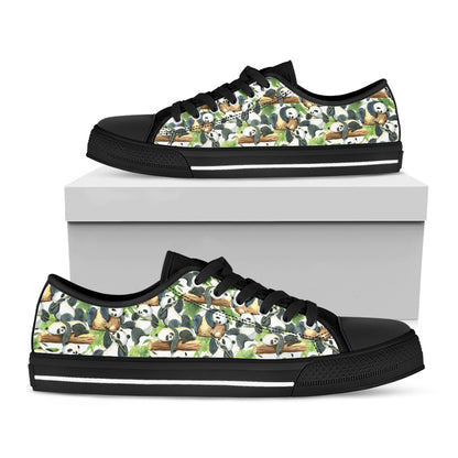 Watercolor Panda Bear Pattern Print Black Low Top Shoes