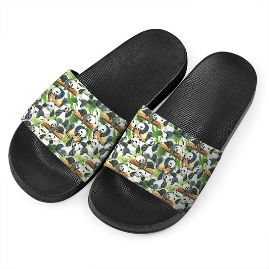 Watercolor Panda Bear Pattern Print Black Slide Sandals