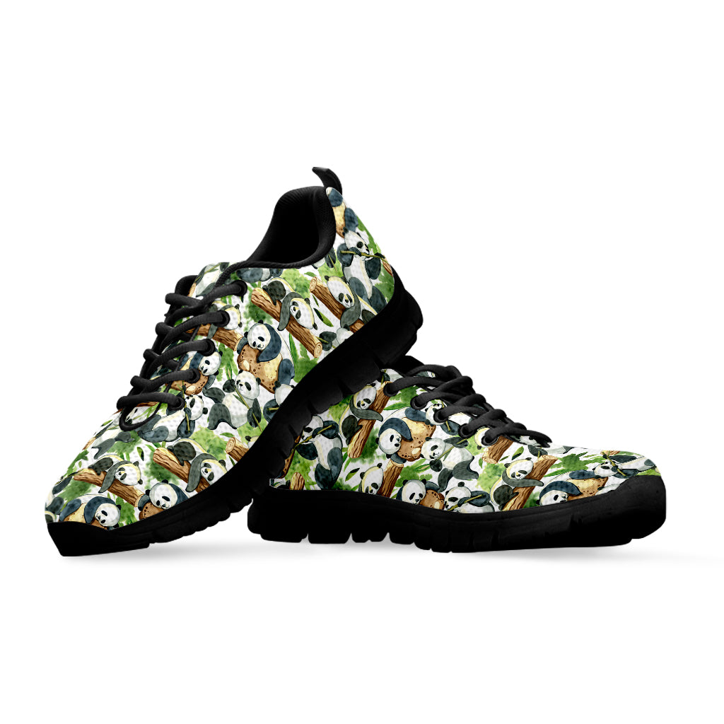 Watercolor Panda Bear Pattern Print Black Sneakers
