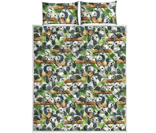 Watercolor Panda Bear Pattern Print Quilt Bed Set