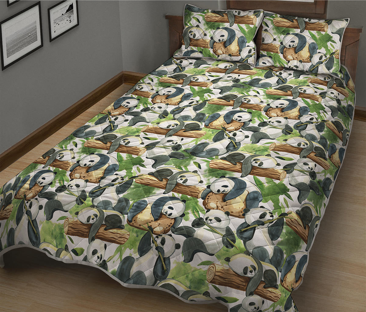 Watercolor Panda Bear Pattern Print Quilt Bed Set