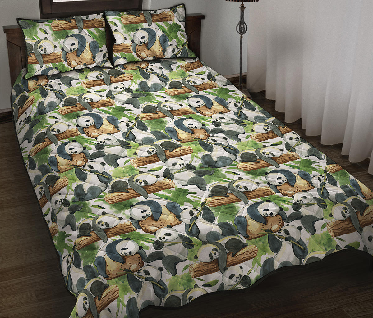 Watercolor Panda Bear Pattern Print Quilt Bed Set