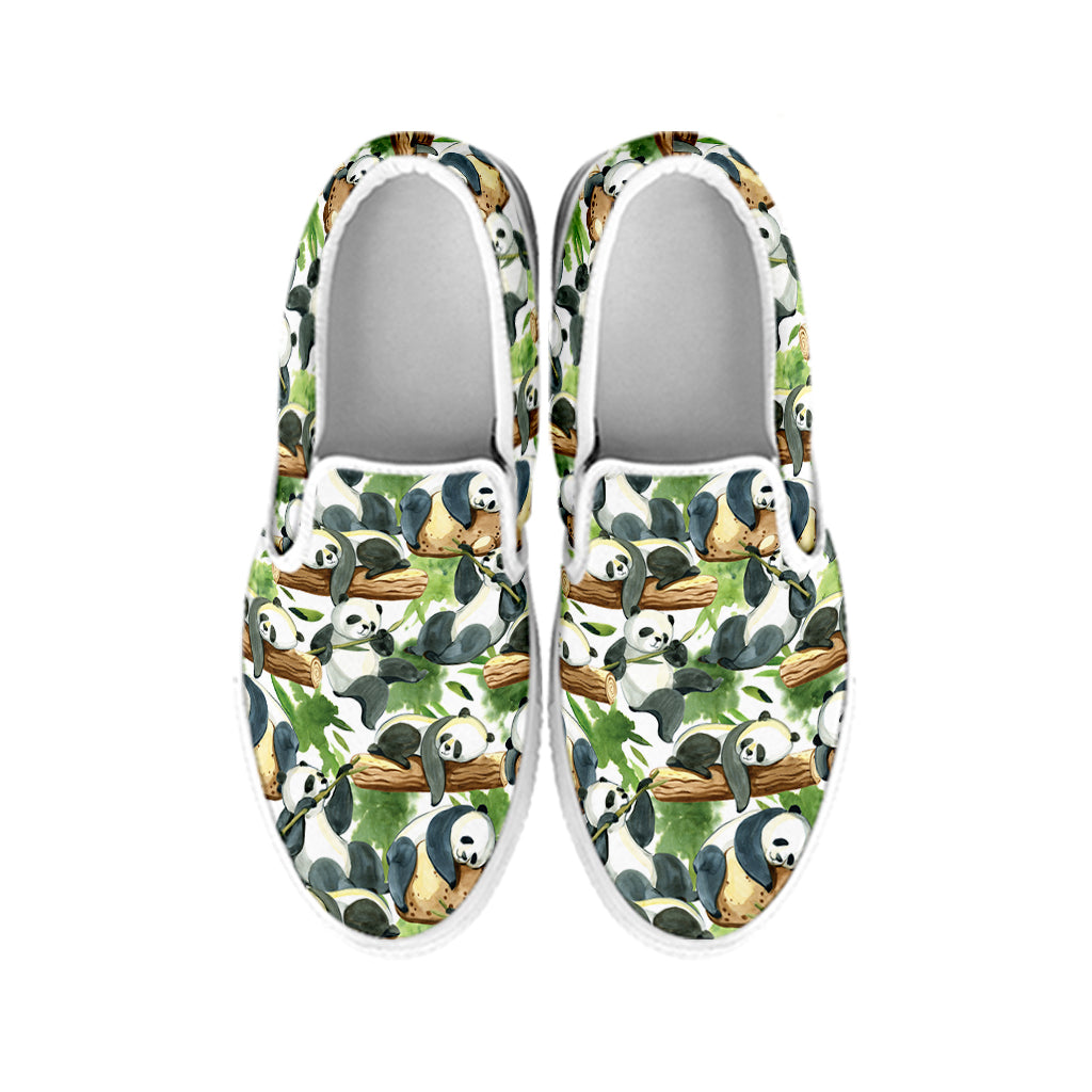 Watercolor Panda Bear Pattern Print White Slip On Shoes