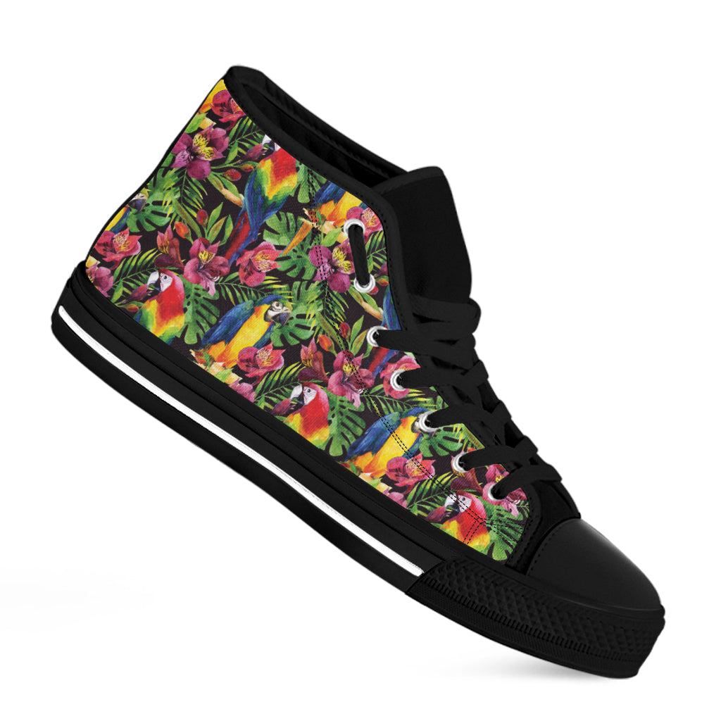 Watercolor Parrot Pattern Print Black High Top Shoes