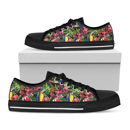 Watercolor Parrot Pattern Print Black Low Top Shoes