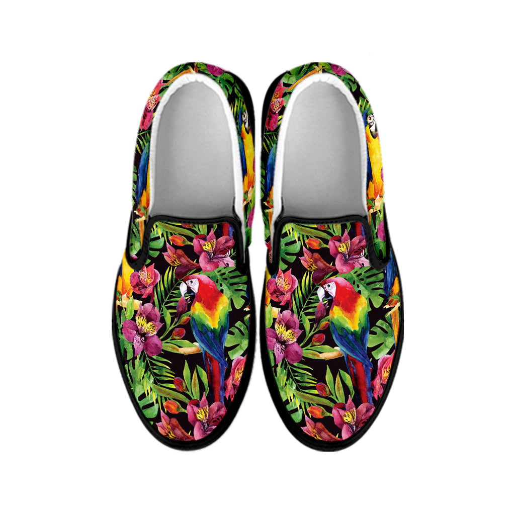 Watercolor Parrot Pattern Print Black Slip On Shoes