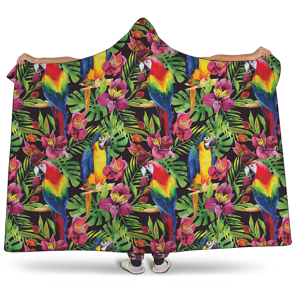 Watercolor Parrot Pattern Print Hooded Blanket