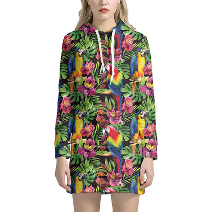Watercolor Parrot Pattern Print Hoodie Dress