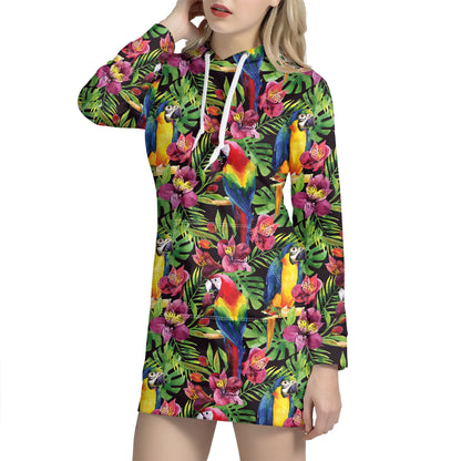 Watercolor Parrot Pattern Print Hoodie Dress