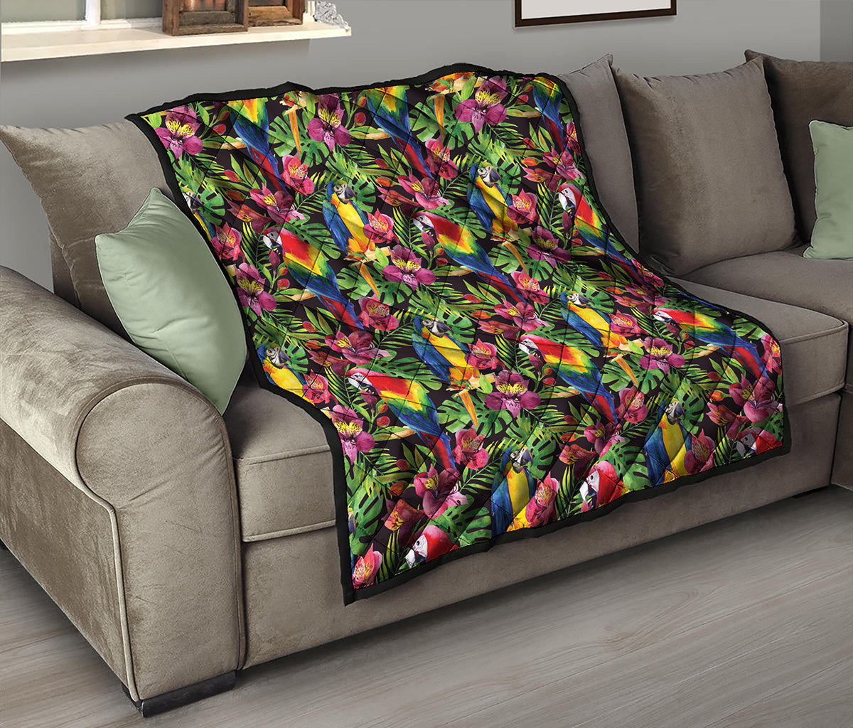 Watercolor Parrot Pattern Print Quilt
