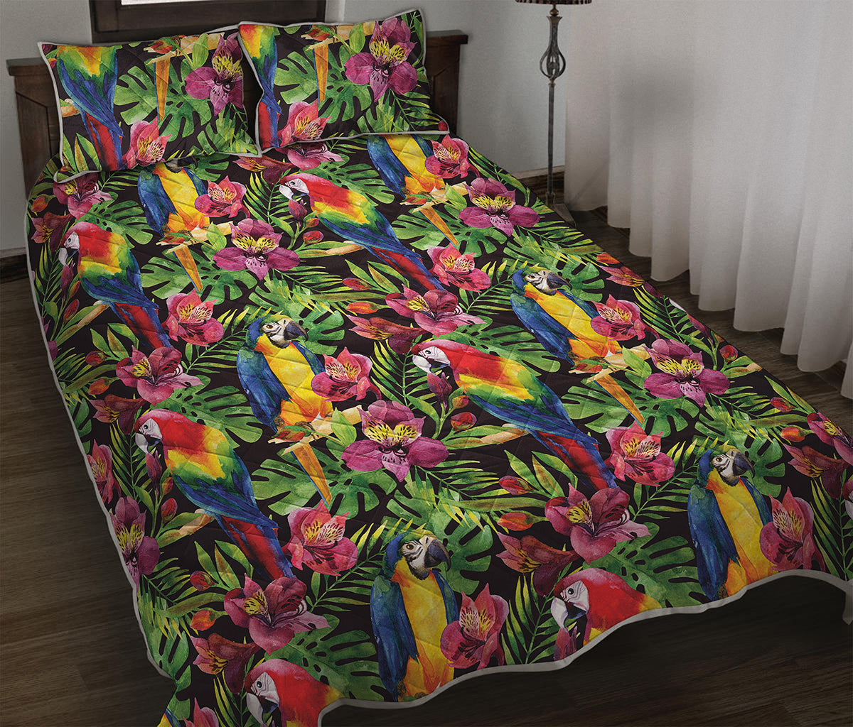 Watercolor Parrot Pattern Print Quilt Bed Set