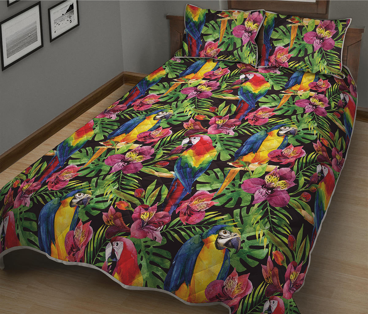 Watercolor Parrot Pattern Print Quilt Bed Set