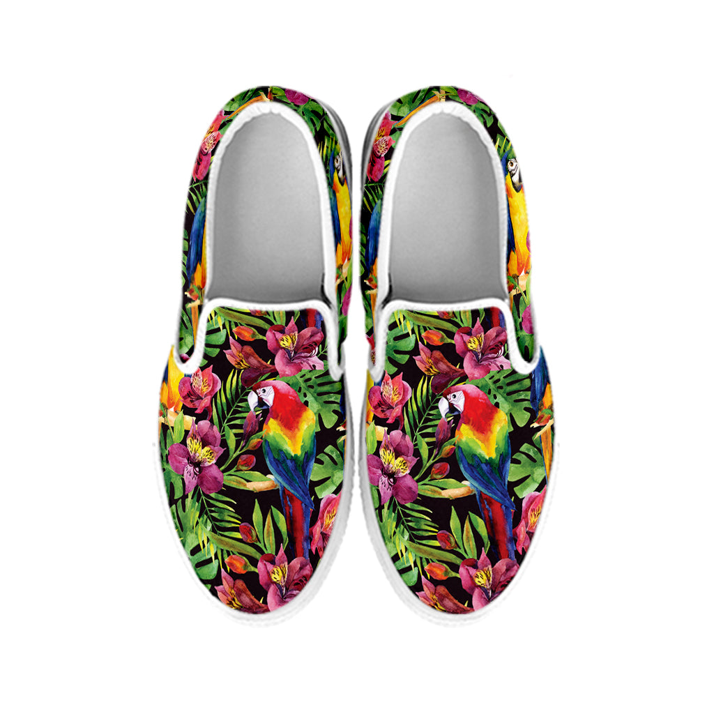 Watercolor Parrot Pattern Print White Slip On Shoes