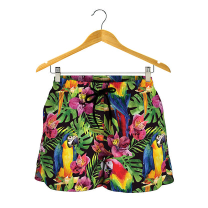 Watercolor Parrot Pattern Print Women's Shorts
