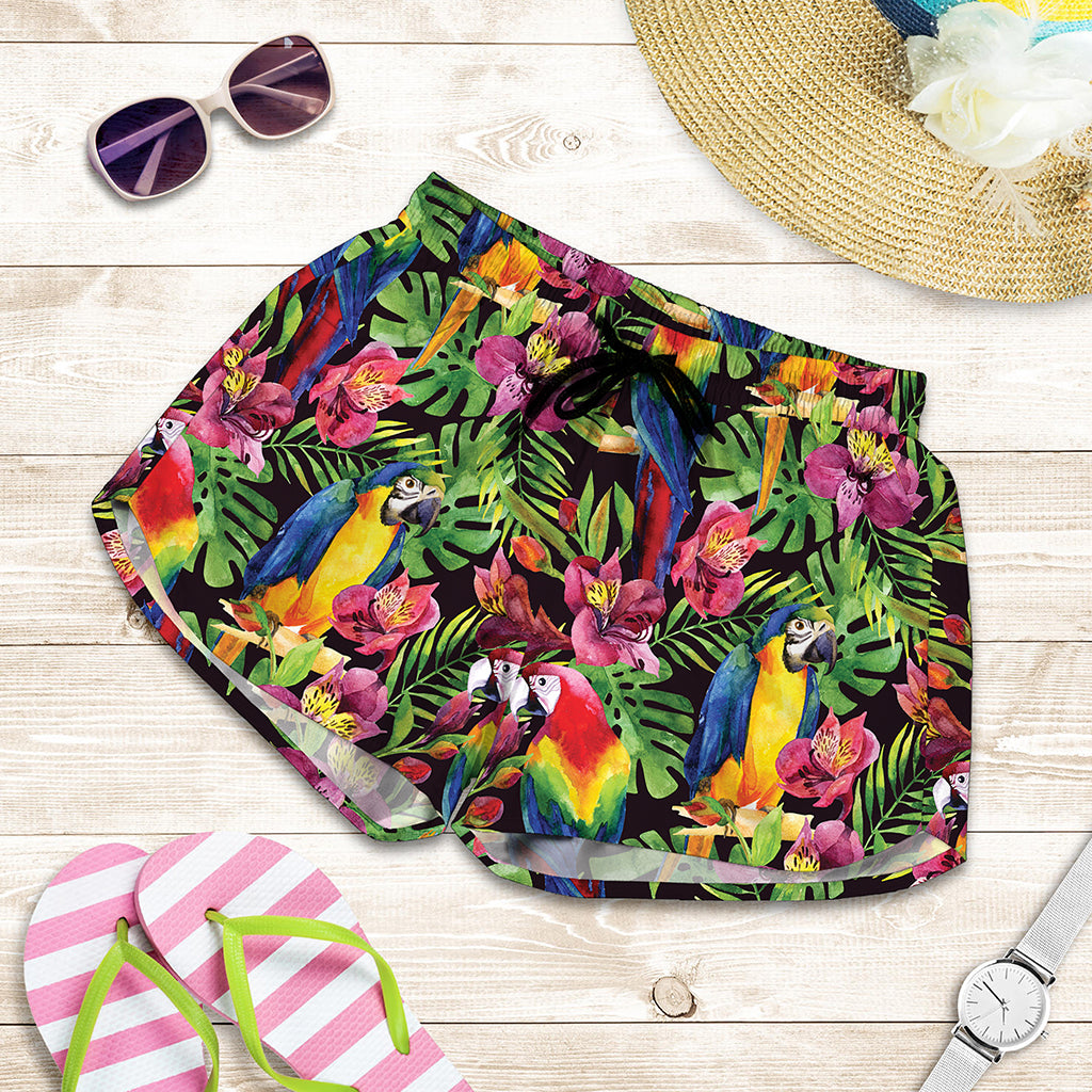 Watercolor Parrot Pattern Print Women's Shorts