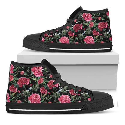 Watercolor Peony Pattern Print Black High Top Shoes