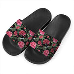 Watercolor Peony Pattern Print Black Slide Sandals