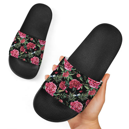 Watercolor Peony Pattern Print Black Slide Sandals