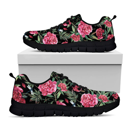 Watercolor Peony Pattern Print Black Sneakers