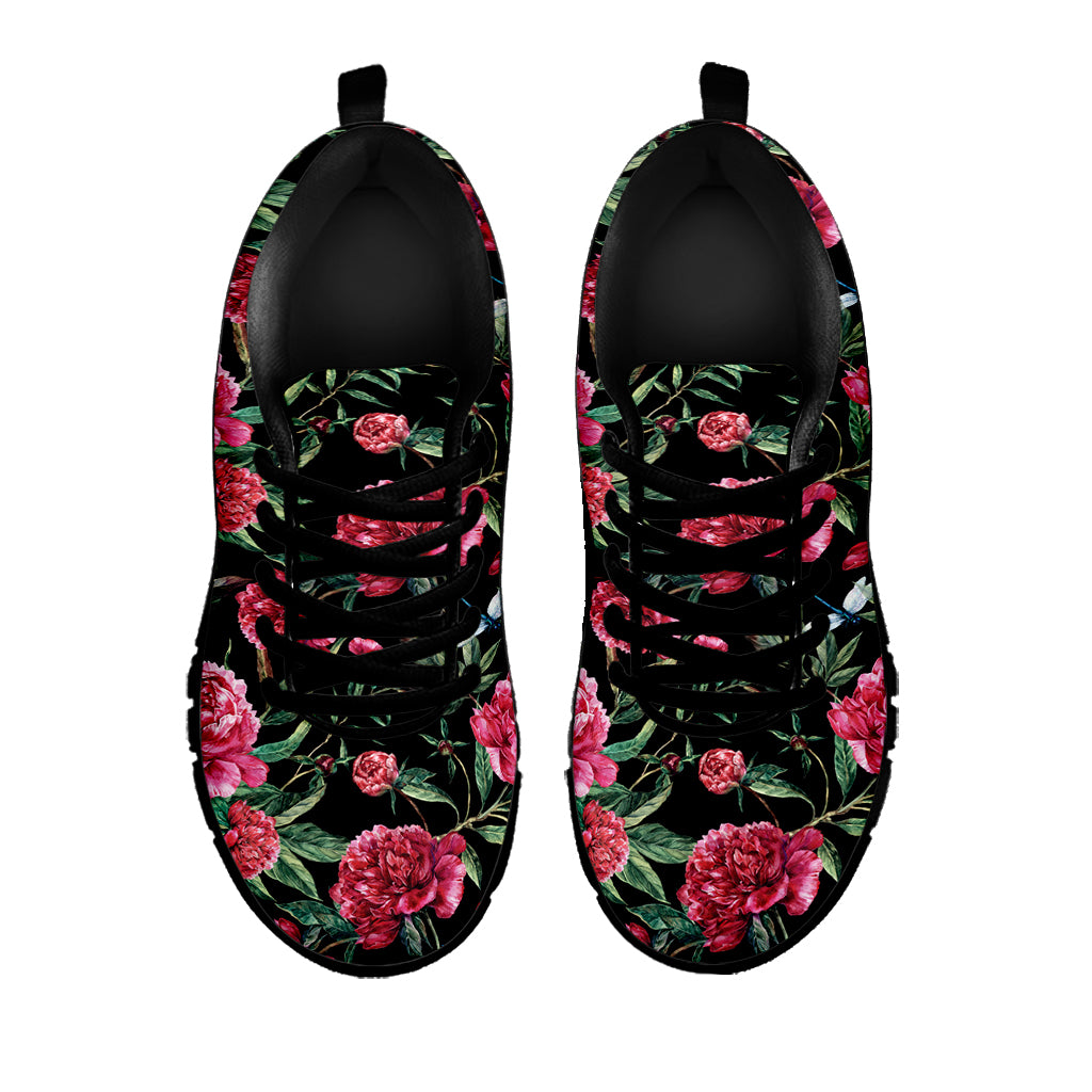 Watercolor Peony Pattern Print Black Sneakers