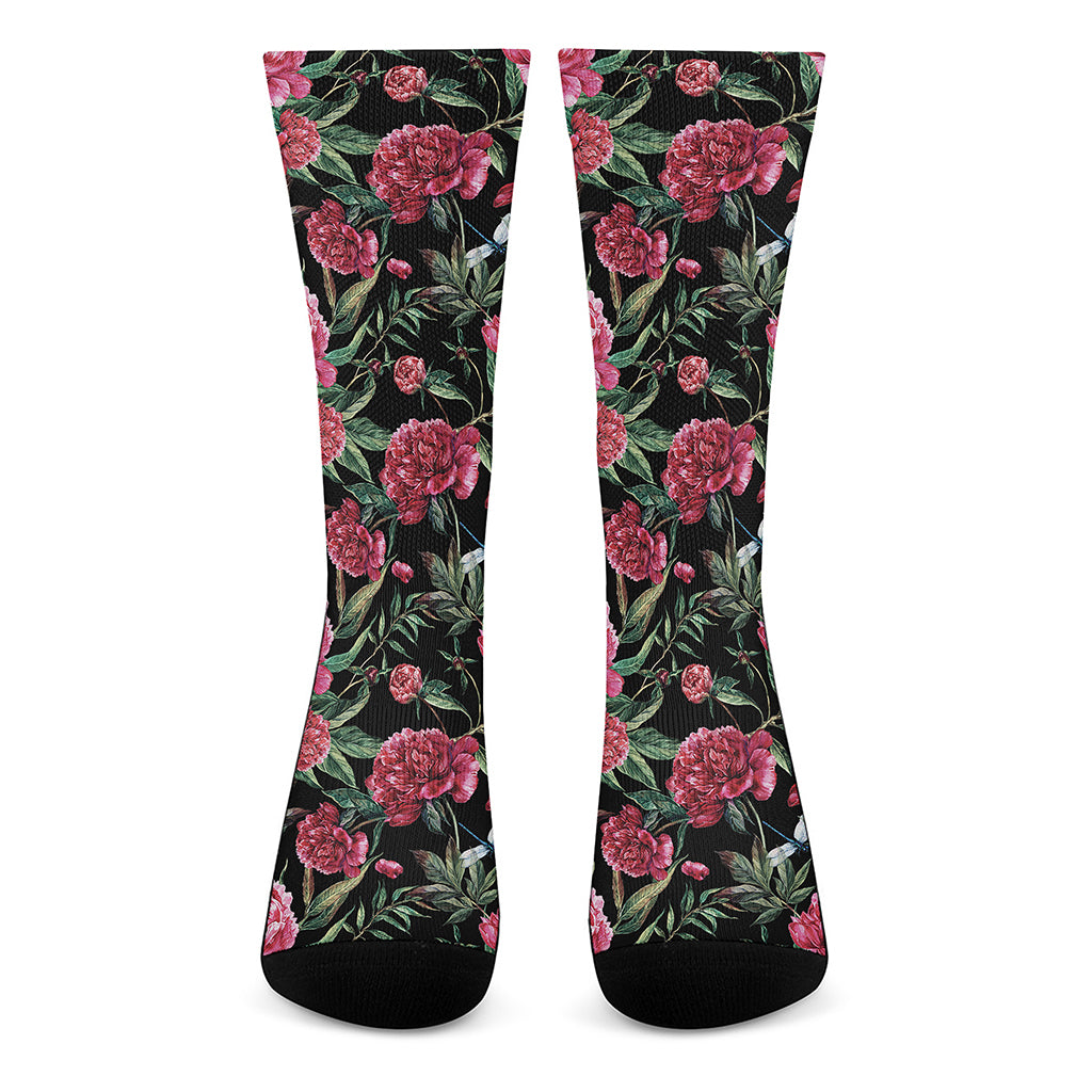 Watercolor Peony Pattern Print Crew Socks