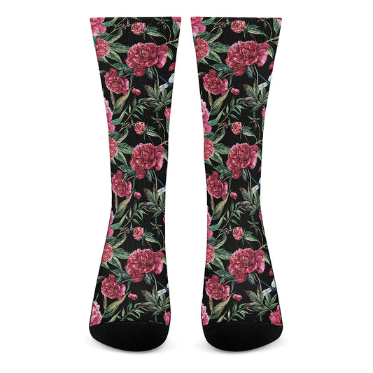 Watercolor Peony Pattern Print Crew Socks