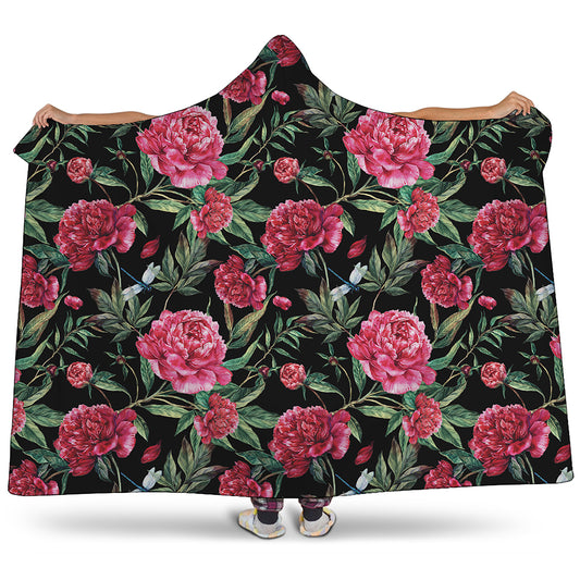 Watercolor Peony Pattern Print Hooded Blanket