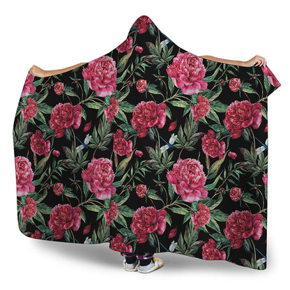 Watercolor Peony Pattern Print Hooded Blanket