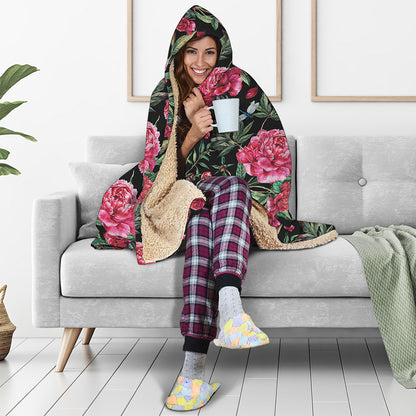 Watercolor Peony Pattern Print Hooded Blanket